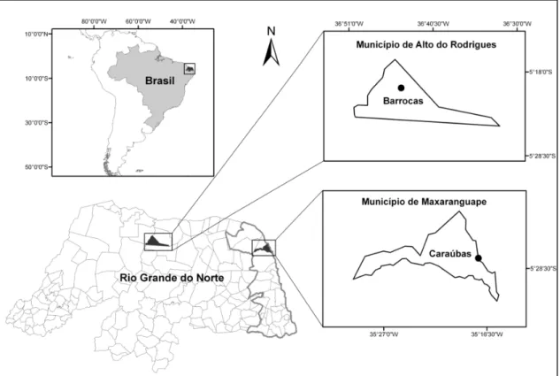 Figura 1. Mapa de localização das áreas onde o estudo foi conduzido. Abaixo à esquerda, Estado do Rio  Grande do Norte com a área delimitada em negrito evidenciando a distribuição do bioma Mata Atlântica e  o restante correspondendo ao bioma Caatinga