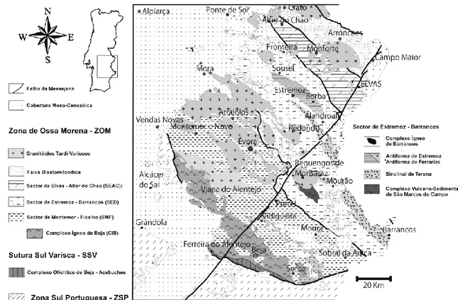 Figura 2 – Principais sectores da Zona de Ossa-Morena (retirado de Araújo et al., 2013)