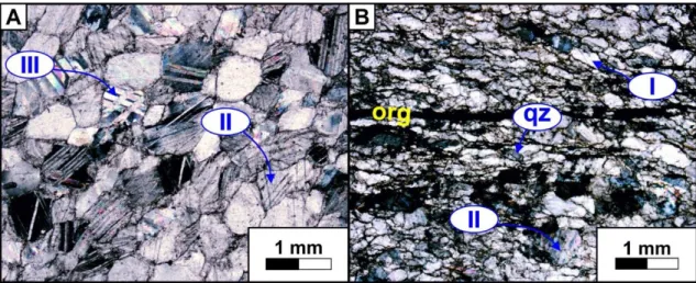 Figura 6- Textura e características petrográficas de mármores do Anticlinal de Estremoz: 