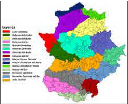 Figura 1. Distribución de comarcas naturales en Extremadura. Elaboración propia en base a la clasificación de comarcas naturales  de Extremadura propuesta por Vázquez &amp; al