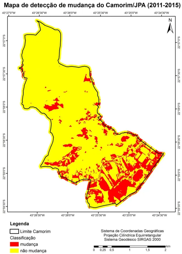 Figura 8 – Mapa de detecção de mudança no bairro do Camorim/JPA entre os anos de 2011 e 2015