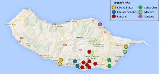 Figura 6 - Localização das lojas offline da Madeira. Adaptado de: maps.google.pt 