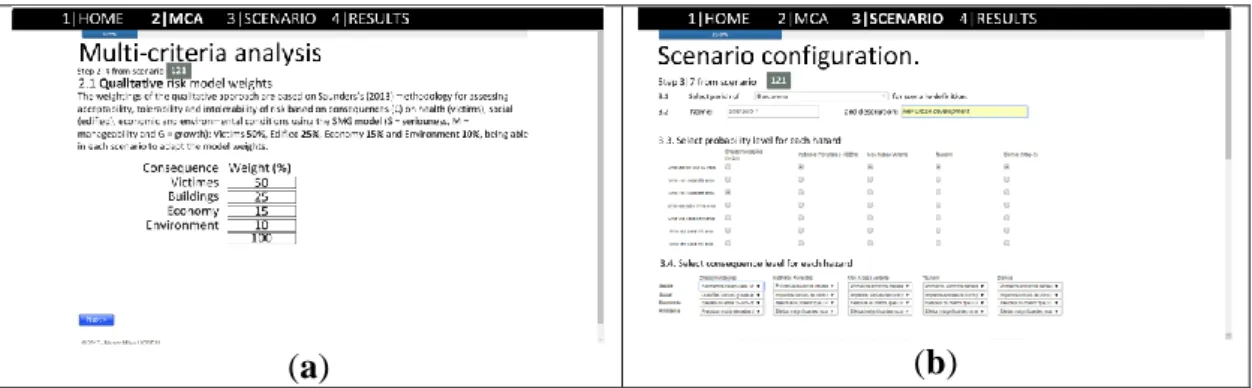 Figure 6.Scenario 1 multi-criteria weights and configuration: (a) Multi-criteria weights  definition; (b) Scenario likelihood and consequences configuration