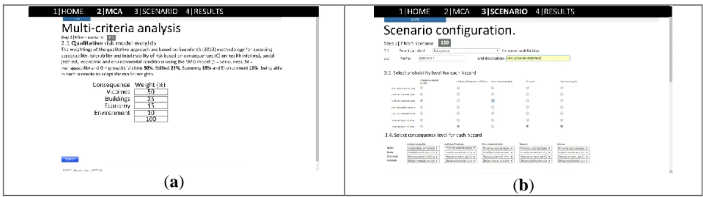 Figure 9. Scenario 2 multi-criteria weights and configuration: (a) Multi-criteria weights  definition; (b) Scenario likelihood and consequences configuration