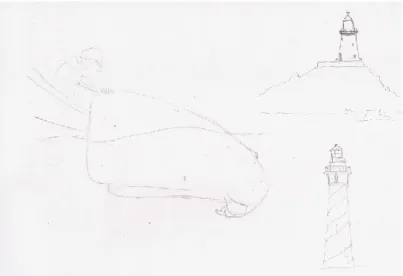Figura 1 - Desenho de baleia mais pessoa num barco. Ideias para farois. 