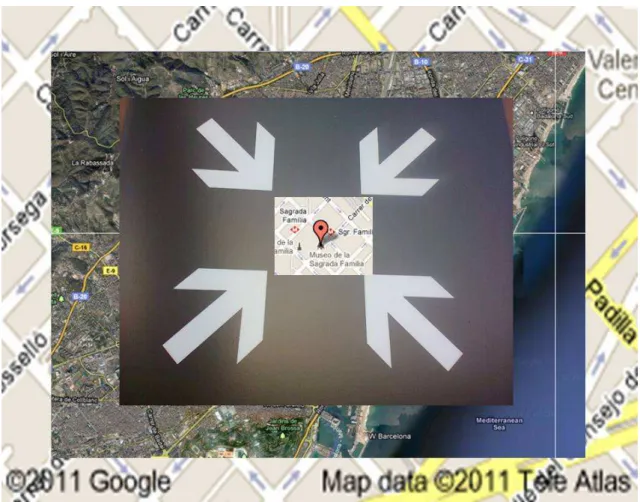 Figura 12- Edição de imagens do Google e com a capturada de placa   indicativa de localidade no Templo da Sagrada Família 