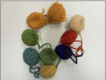 Figura 2.  Seis bolas de borracha, cobertas com tecido de retrós ou de lã de várias  cores