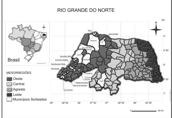 FIGURA 1 - Mapa do estado do Rio Grande do Norte dividido por mesorregiões,  e  em  branco  os  municípios  avaliados  no  inquérito  soroepidemiológico  no  período de 2007-2009