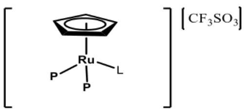 Figure 1.7-General structure of the compounds from the [Ru II (η 5 -Cp)(PP)L][CF 3 SO 3 ] family, where PP is mono or  bidentade phospane ligand and L=N donor ligand