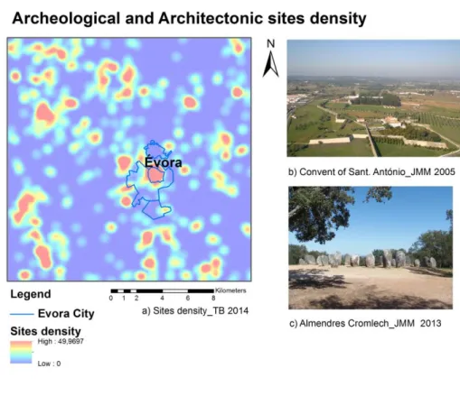 Fig. 6 – Archaeological and architectonic sites density in Évora surroundings and examples (map author: 