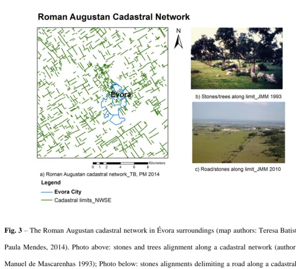 Fig. 3 – The Roman Augustan cadastral network in Évora surroundings (map authors: Teresa Batista and 