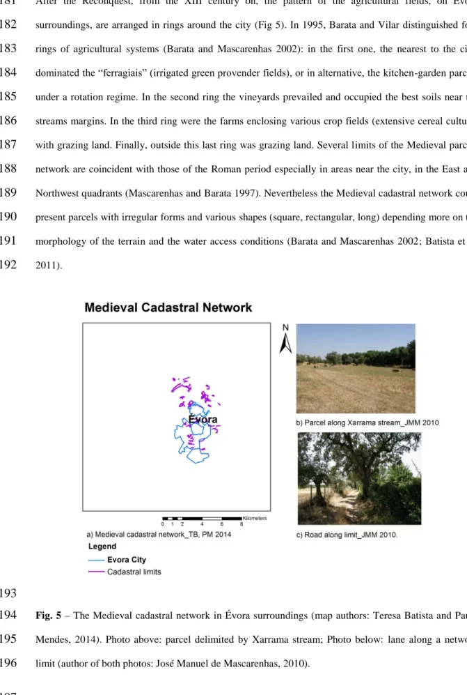 Fig. 5 – The Medieval cadastral network in Évora surroundings (map authors: Teresa Batista and Paula 