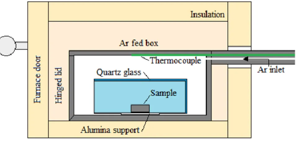 Figure 4.1 - Schematic by Ekstrøm of Nabertherm N17/HR with the sample and quartz glass crucible inside the argon fed  box