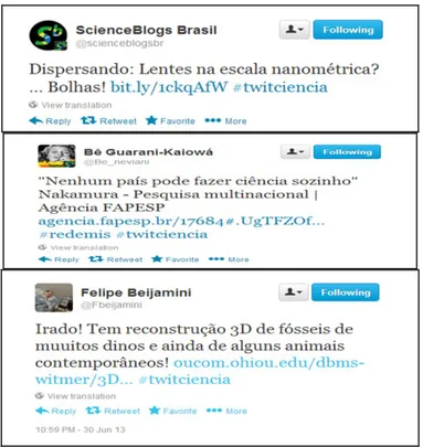 Figura 1: Exemplos de tuítes com a hashtag #twitciencia 