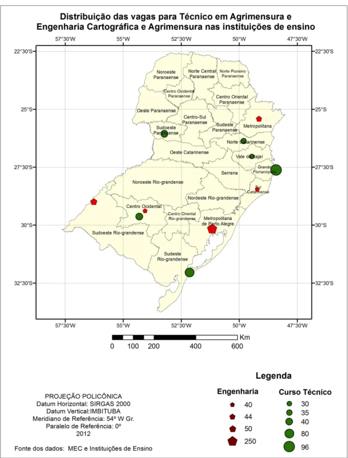 Figura 5: Mapa da distribuição vagas para cursos de Agrimensura na Região Sul. 