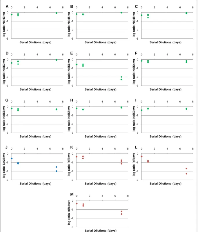 Figure 7: One to one competitions of each clone of Table 4a and Rif18 against the wild-type strain