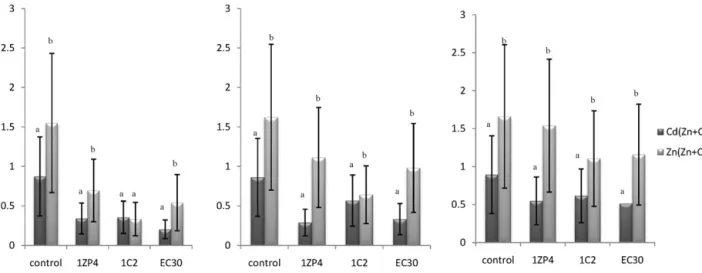 Fig. 4. Zn and Cd levels in the combined outlet (Zn + Cd) in the synthetic polymer matrix with different bacteria applications (mM).