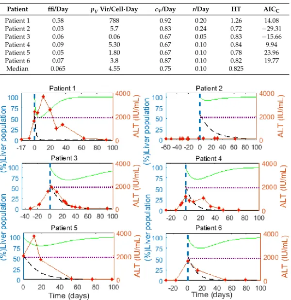 Table 3. Parameters for best fits for six patients using M1. The parameters δ, p V , c V , r, HT and AIC C represent the infected cell loss rate, the per infected cell production rate of HBV, the clearance rate of HBV, the proliferation rate, hepatocyte tu