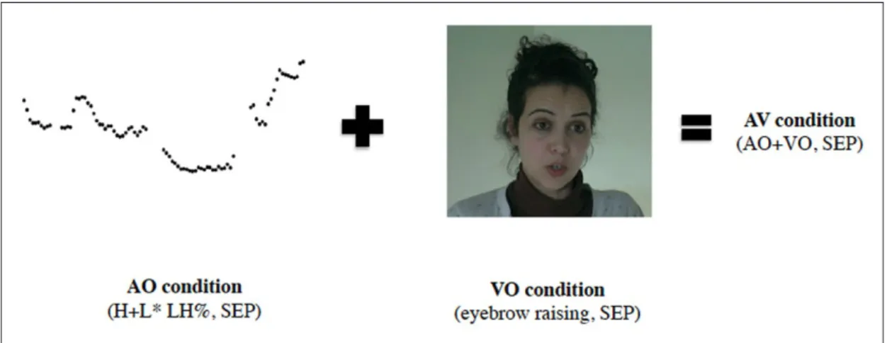 Figure 1: Example of the same stimulus – the yes–no question Tem compota? (‘Do you have jam?’)  in each condition: AO, VO, and AV.