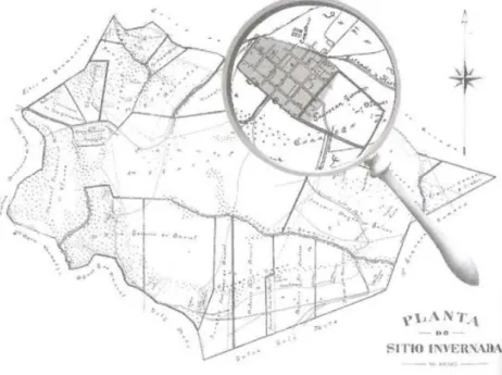 Figura 02: Mapa com a demarcação do “Sítio Invernada” em 1896,  destacando o povoado que já estava inserido em suas terras