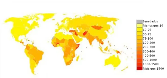Figura   1:   Estimativa   do   número   de   casos   de   MB   no   mundo   por   100.000  habitantes (adaptado de WHO, 2002).