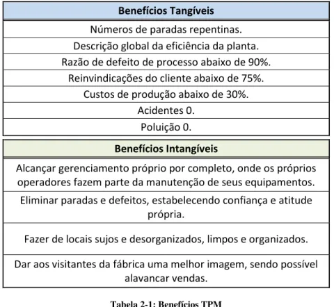 Tabela 2-1: Benefícios TPM  Fonte: Adaptado Suzuki, 1994. 