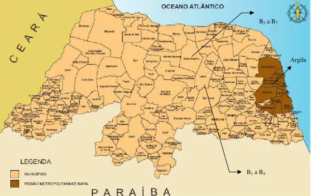 Figura 4.1: Mapa do estado do Rio Grande do Norte mostrando as localidades das  matérias-primas minerais selecionadas para o trabalho
