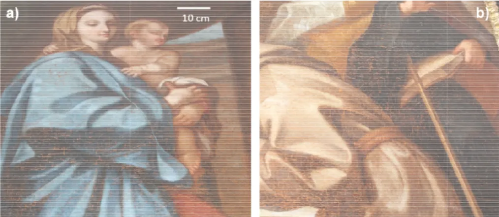 Figura 13: Detalhes em luz visível das macrofissuras presentes na obra  Menino, Santo António e Santo Amaro