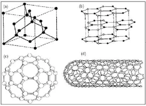 Figura 2: As formas alotr´opicas do carbono que mais se conhece: (a) diamante; (b) grafite; (c) fulereno e (d) nanotubo de carbono [2, 3].