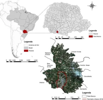 Figura 01 - Localização do município e municípios limítrofes de Pato Branco  no estado do Paraná e deste no Brasil