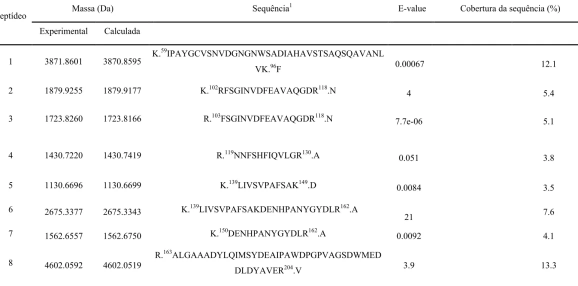 Tabela  3  –  Peptídeos  identificados  por  LC-ESI-MS/MS  (liquid  chromatography  -  electrospray  ionization  -  tandem  mass  spectrometry)     da  sequência de aminoácidos de rCV2736, referente a banda de 38,1 kDa (BII) 