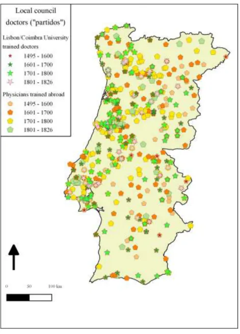 Figure 8 - Distribution of doctors holding local council appointments (partidos)  (1495-1826) 