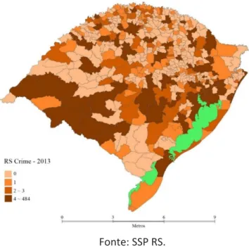 FIGURA 1 – Distribuição espacial dos crimes letais nos municípios do RS em  2013. 