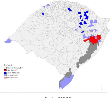 FIGURA 3 – Clusters dos crimes letais nos municípios do Rio Grande do Sul,  2013  