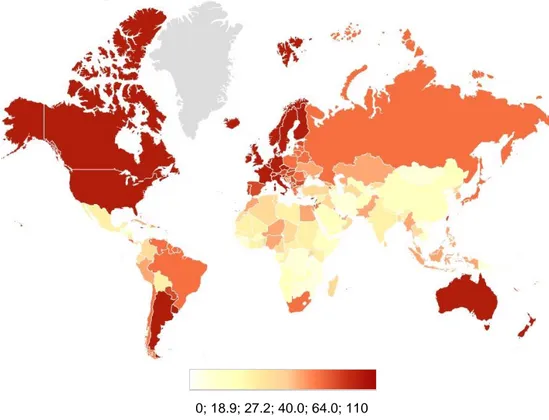 Figure 6: Breast Cancer Incidence, Worldwide in 2008  (Data from Ferlay J et al GLOBOCAN 2008, 2010)