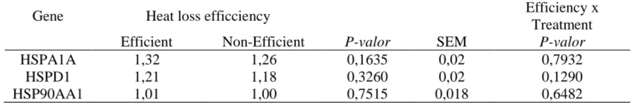 Table 3 Means and standard error of the mean of heat shock proteins 60, 70 and 90 gene expression with  heat loss efficiency and interaction (efficiency x treatment)