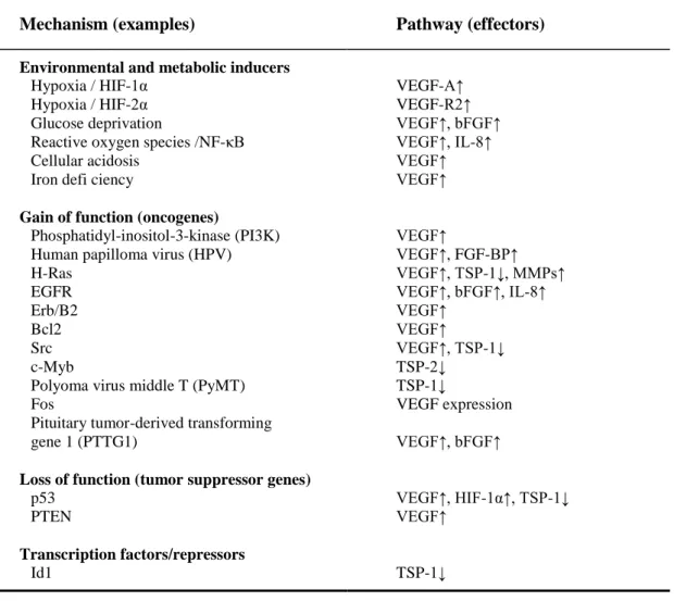 Table 1.1. – Angiogenic switch induction (adapted from Wicki and Christofori, 2006) 