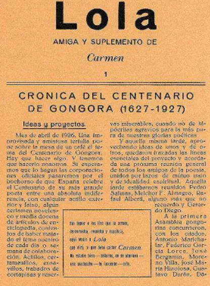 Figura 2  –  A revista Carmen 29  Revista chica de poesia española. N. 1, diciembre de 1927  e seu suplemento Lola 