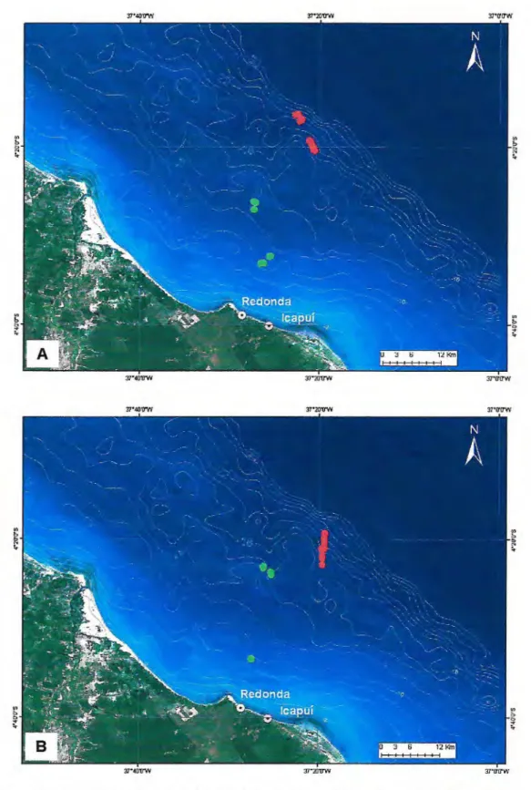 Figura 8 - Evolução da localização dos espinhéis de potes em (A) novembro  de 2007 e (B) fevereiro de 2008 que foram utilizados na pesca  experimental de polvos em Redonda - IcapuUCE