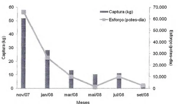 Figura 10 - Captura (kg) e esforço de pesca (potes-dia) na pesca experimental  de polvo realizada em profundidade de 24 a 28 m, no período de  2007 a 2008 em Redonda - I capuí/CE