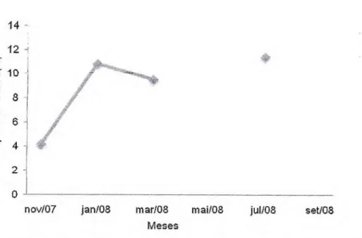 Figura 12 - Freqüência relativa dos polvos capturados em profundidade de 10 a  16 m em relação ao total de potes utilizados na pesca  , experimental, no período de 2007 a 2008 em Redonda - Icapuí/CE