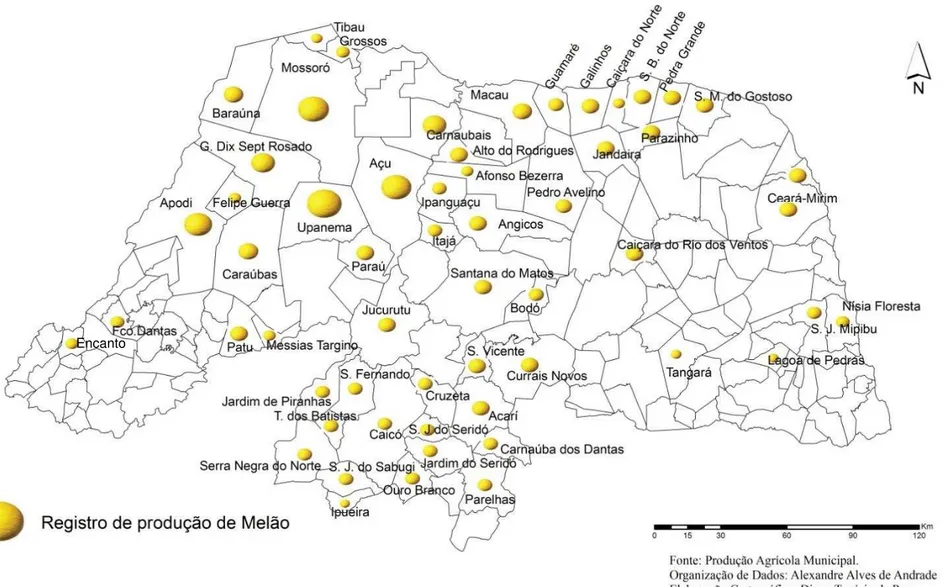 Figura 10: Municípios com registro da produção de melão no Rio Grande do Norte  – 1990 a 2011