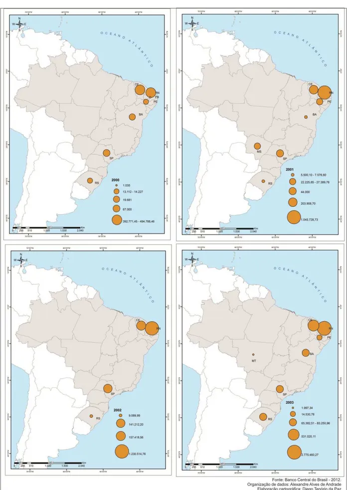 Figura 11: Coleção de cartogramas I: Financiamento para atividades de custeio na  produção de melão irrigado 2000  – 2003