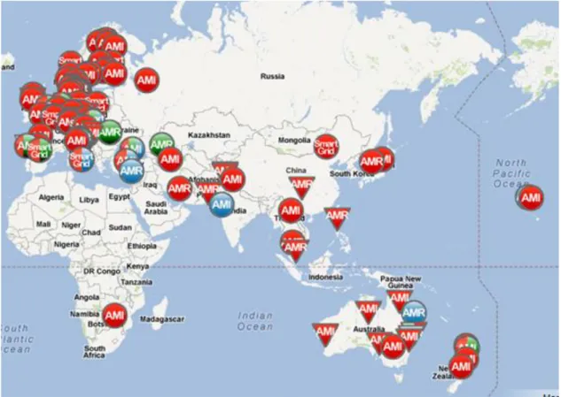 Figura  2—2  -  Estado  do  desenvolvimento  dos  projetos  de  medição  avançada  e  redes  inteligentes na Europa, África, Oceânia e Ásia [26]