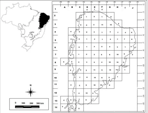 Figura 6. Número total de espécimes coletados de Capparaceae em quadrículas de 1 × 1  na Caatinga