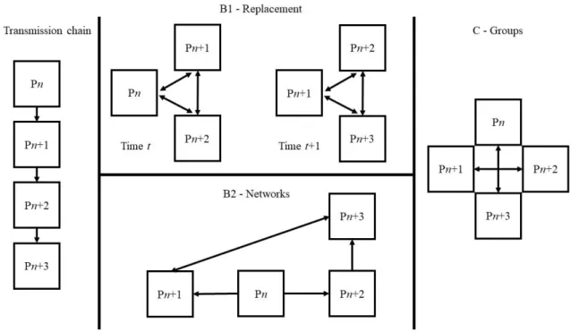 Figure 1. Some examples of information diffusion paradigms (P = participant, n = number, t 