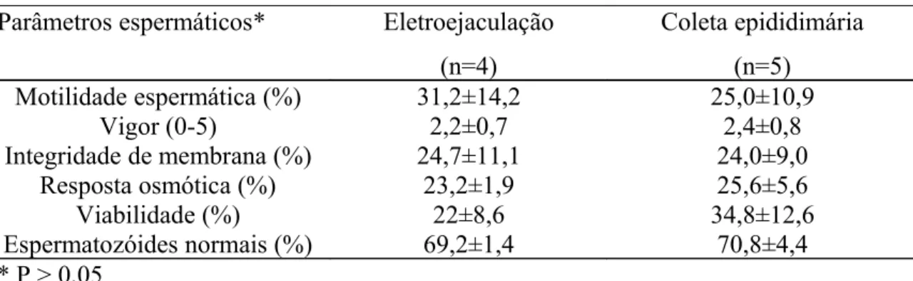 Tabela   3:   Média   e   erro   padrão   dos   parâmetros   de   motilidade   por   análise  computadorizada (CASA) dos espermatozoides congelados e descongelados de cutias  (D