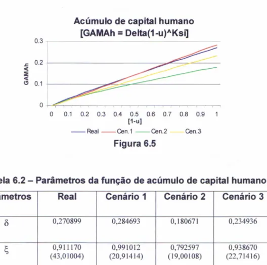 Tabela 6.2 - Parâm etros da função de acúm ulo de capital hum ano Parâm etros Real Cenário 1 Cenário 2 Cenário 3