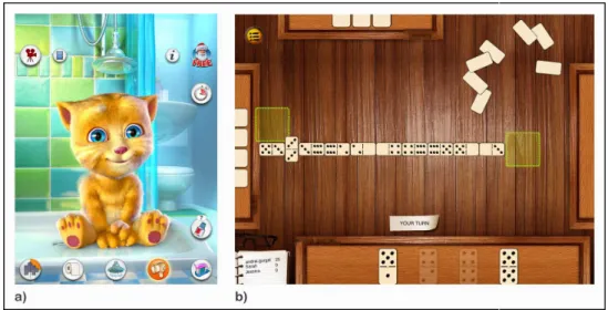 Figura 2. Tela dos jogos Talking Ginger (1a) e Dominoes (1b). Jogos aplicados na fase de levan- levan-tamento inicial das especificidades dos usuários-alvo