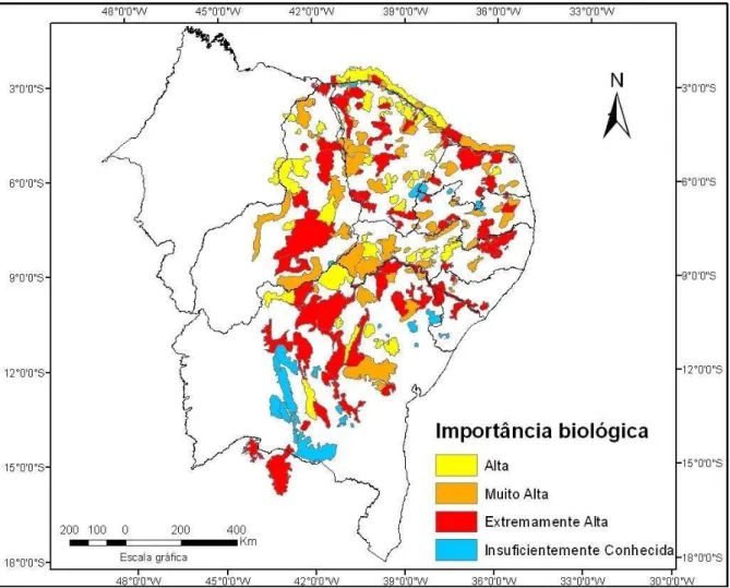 Figura 2- Mapa das atuais Áreas Prioritárias para a Conservação do Bioma Caatinga, com o grau de 